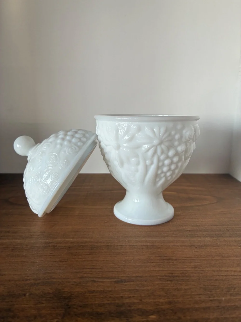 Vintage Avon Milk Glass Covered Candy Dish Pedestal | Egg Shaped Floral Pattern